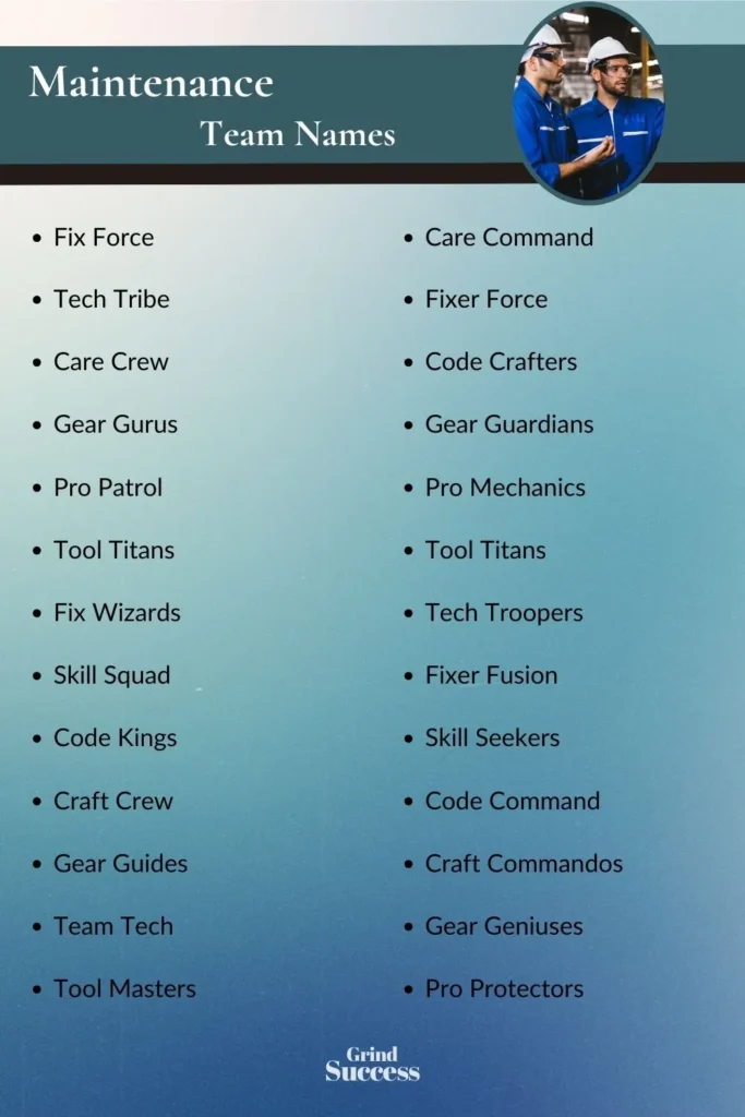 Maintenance Team Name Ideas List