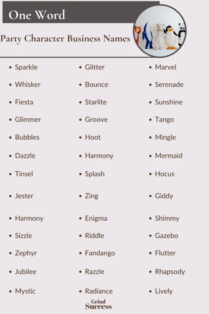 One-Word Party Character Business Names Ideas