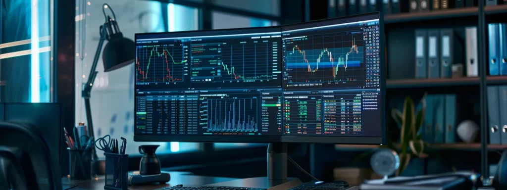 The Top Features To Look for in Technology Expense Management Software A computer monitor with stock market graphs, emphasizing customizable reporting and analytics tools for users.