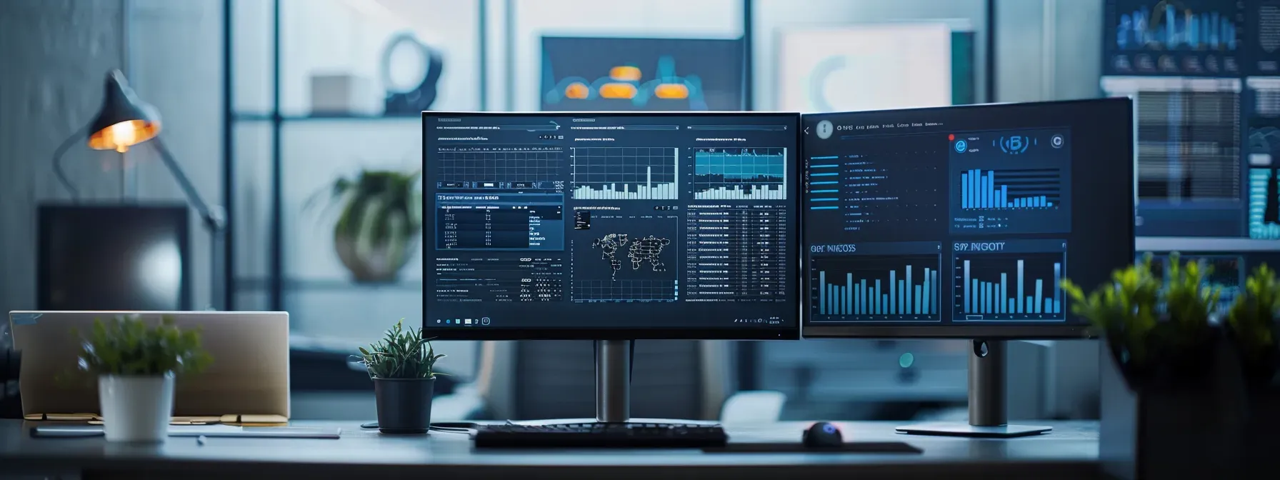 Two monitors displaying graphs and charts, showcasing top technology expense management software analytics.